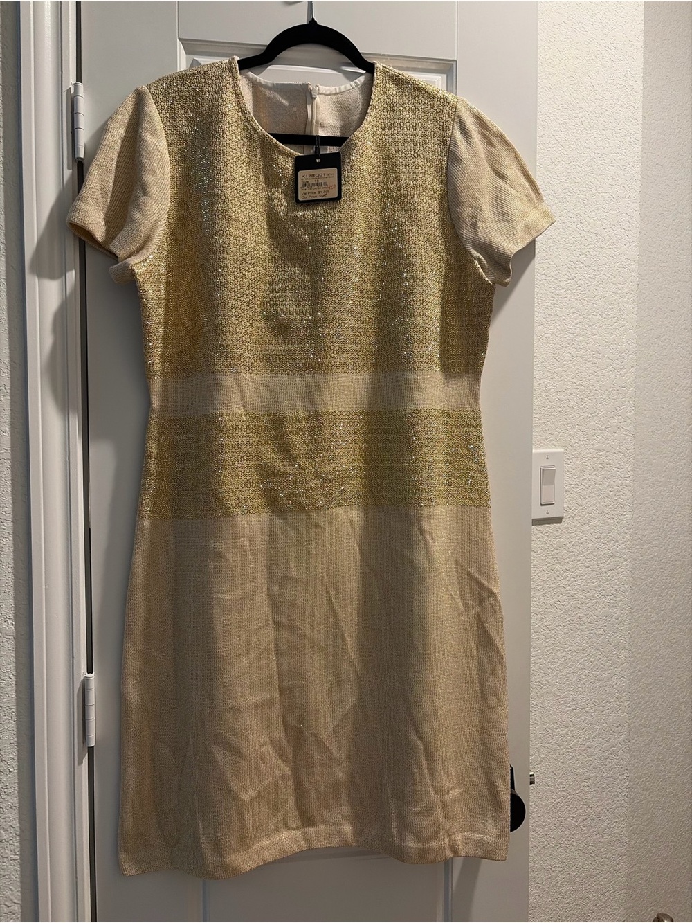 St. John Cream and Gold Tweed-Panel Short-Sleeve Midi Dress